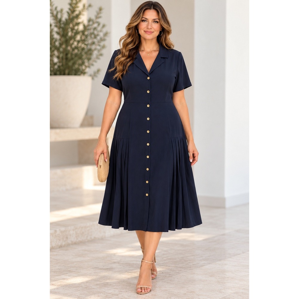 Nanette Lepore Shirt Dress Women XL Navy Blue Button Front Pleated Midi Classic